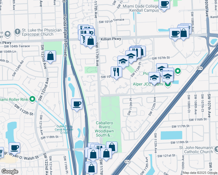 map of restaurants, bars, coffee shops, grocery stores, and more near 11111 Southwest 110th Road in Miami
