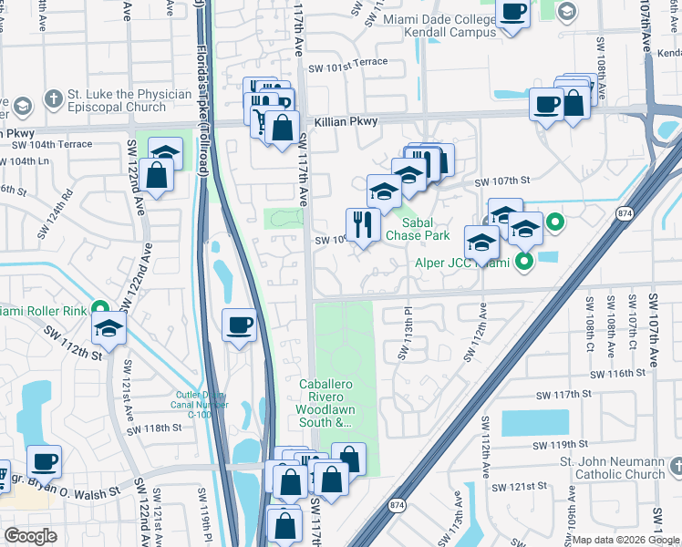 map of restaurants, bars, coffee shops, grocery stores, and more near 11111 Southwest 110th Road in Miami