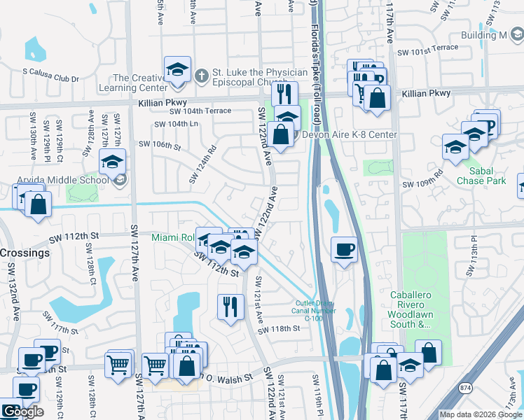 map of restaurants, bars, coffee shops, grocery stores, and more near 12211 Southwest 111th Terrace in Miami