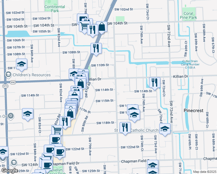 map of restaurants, bars, coffee shops, grocery stores, and more near 7700 Southwest 114th Street in Miami