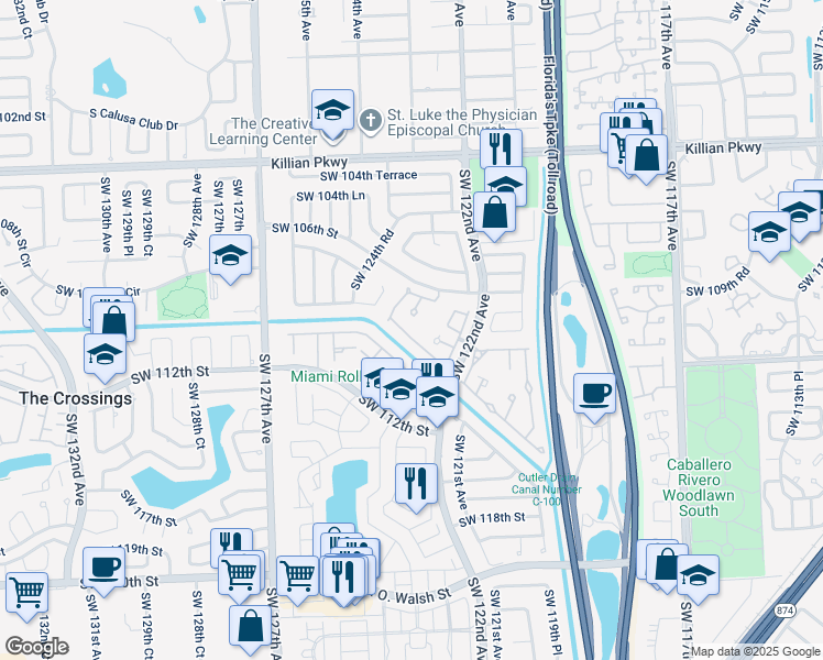 map of restaurants, bars, coffee shops, grocery stores, and more near 12230 Southwest 111th Lane in Miami