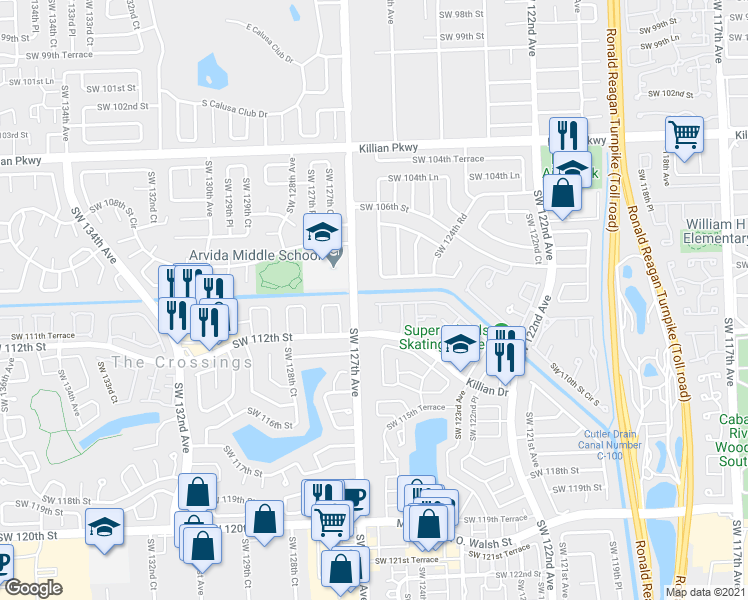 map of restaurants, bars, coffee shops, grocery stores, and more near 12519 Southwest 110th South Canal Street Road in Miami