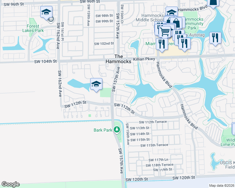 map of restaurants, bars, coffee shops, grocery stores, and more near 11045 Southwest 156th Place in Miami