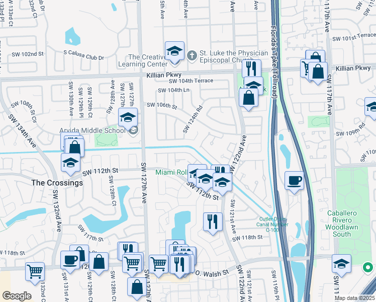 map of restaurants, bars, coffee shops, grocery stores, and more near 12345 Southwest 110th South Canal Street Road in Miami