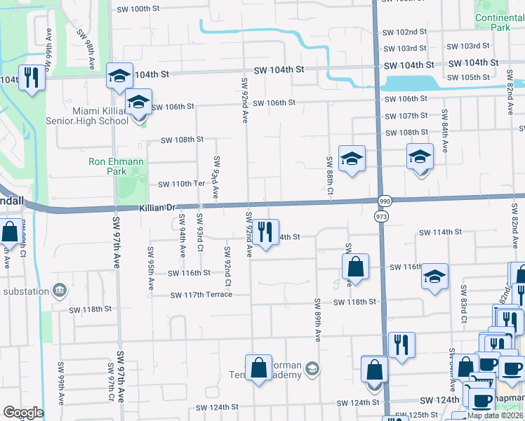 map of restaurants, bars, coffee shops, grocery stores, and more near 11245 Southwest 91 Avenue in Miami