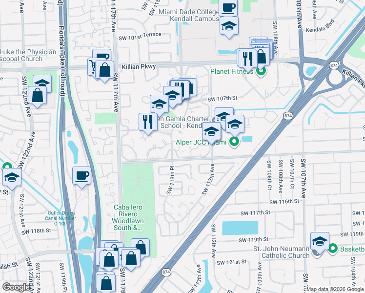 map of restaurants, bars, coffee shops, grocery stores, and more near 11333 Southwest 111th Street in Miami