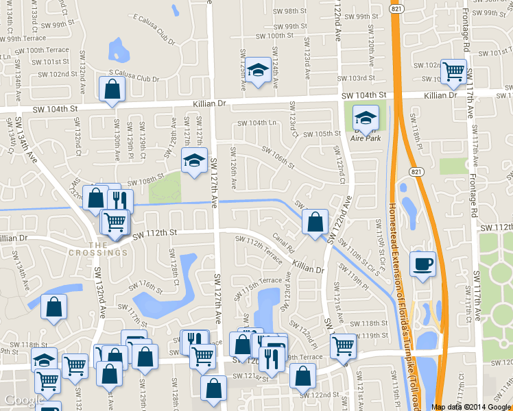 map of restaurants, bars, coffee shops, grocery stores, and more near 11013 Southwest 124th Court in Miami