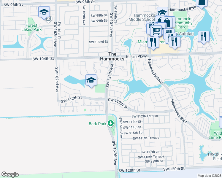 map of restaurants, bars, coffee shops, grocery stores, and more near 11045 Southwest 156th Place in Miami