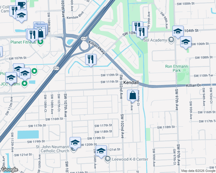 map of restaurants, bars, coffee shops, grocery stores, and more near 10275 Southwest 112th Street in Miami