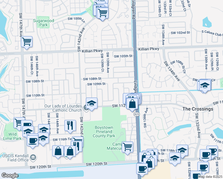 map of restaurants, bars, coffee shops, grocery stores, and more near 11007 Southwest 138th Place in Miami