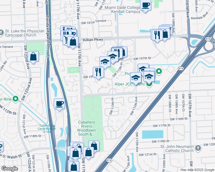 map of restaurants, bars, coffee shops, grocery stores, and more near 11407 Southwest 112th Street in Miami