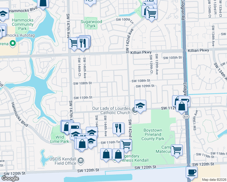 map of restaurants, bars, coffee shops, grocery stores, and more near 10951 Southwest 144th Avenue in Miami