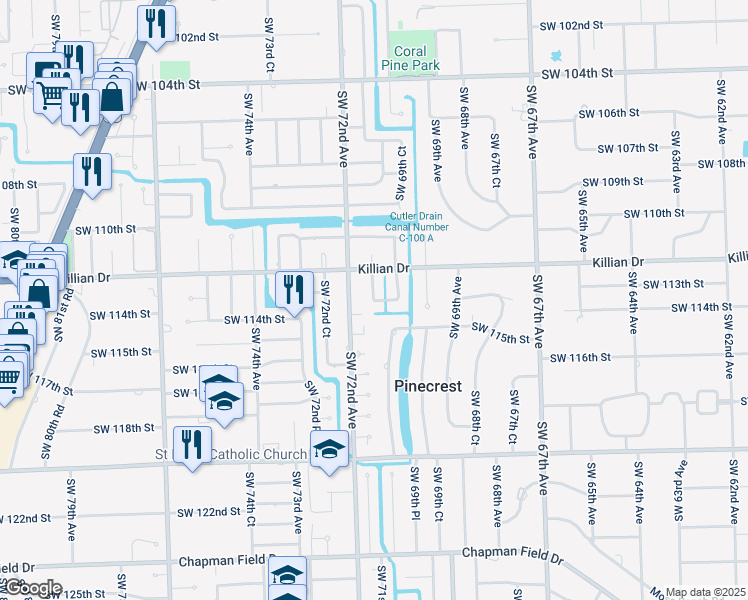 map of restaurants, bars, coffee shops, grocery stores, and more near 11600 Southwest 71st Avenue in Pinecrest