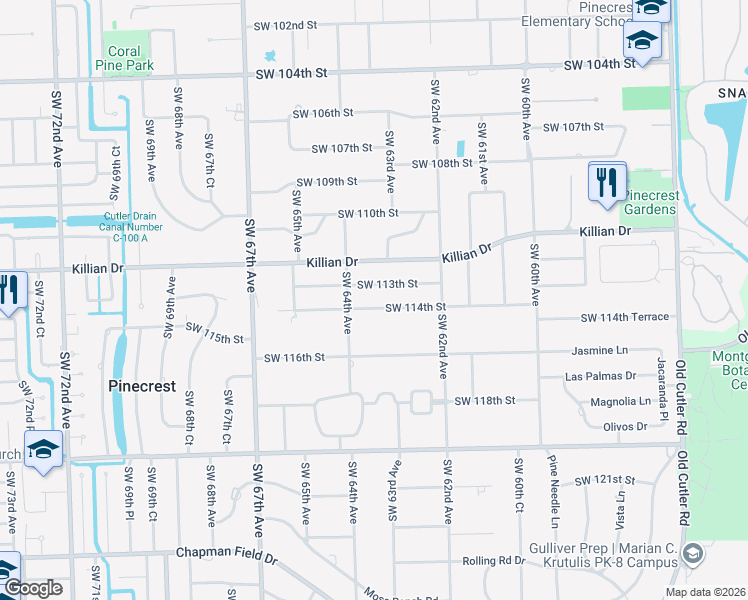 map of restaurants, bars, coffee shops, grocery stores, and more near 6300 Southwest 114th Street in Miami