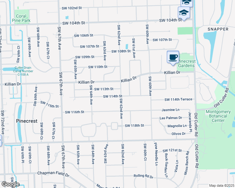map of restaurants, bars, coffee shops, grocery stores, and more near 6230 Southwest 114th Street in Miami