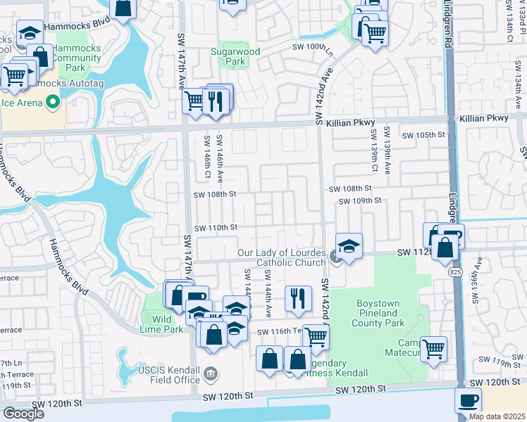 map of restaurants, bars, coffee shops, grocery stores, and more near 14423 Southwest 109th Street in Miami