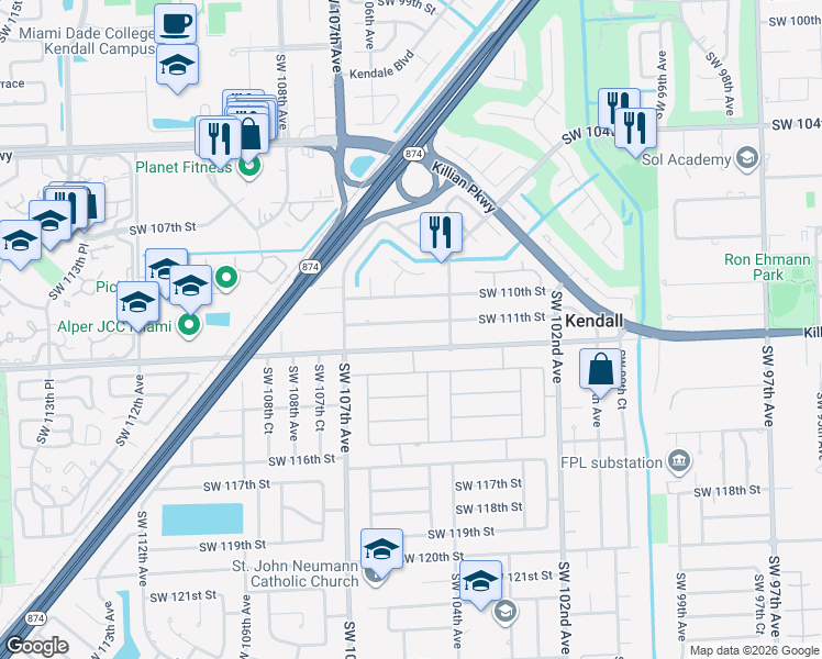 map of restaurants, bars, coffee shops, grocery stores, and more near 10480 Southwest 112th Street in Miami