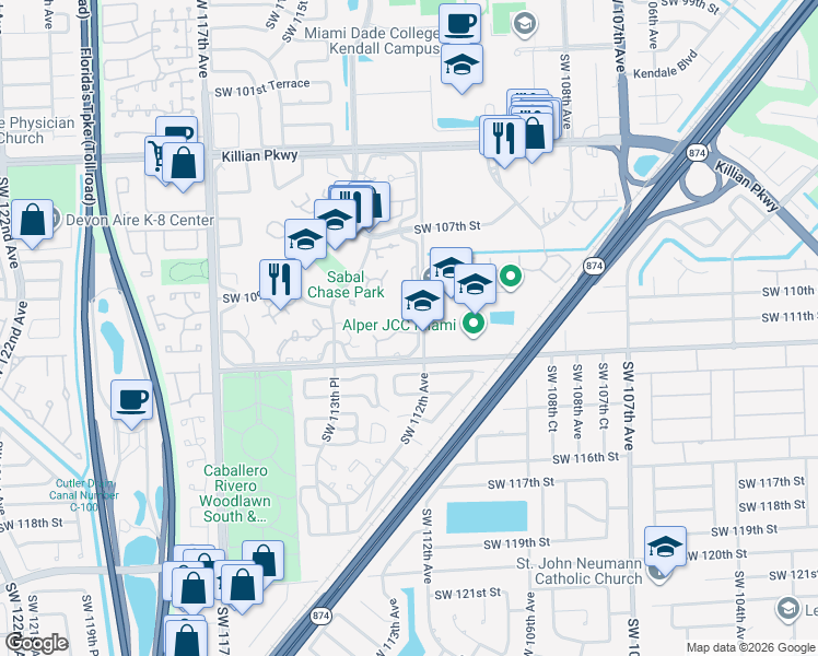 map of restaurants, bars, coffee shops, grocery stores, and more near 11209 Southwest 111th Street in Miami