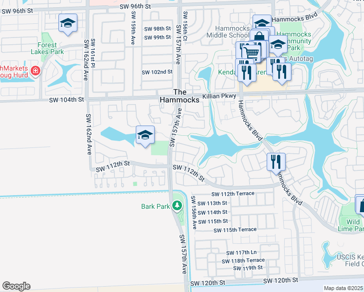 map of restaurants, bars, coffee shops, grocery stores, and more near 15661 Southwest 109th Terrace in Miami