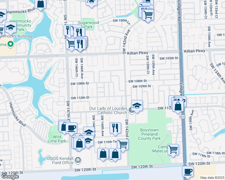 map of restaurants, bars, coffee shops, grocery stores, and more near 10844 Southwest 142nd Place in Miami