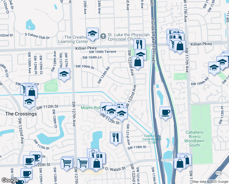 map of restaurants, bars, coffee shops, grocery stores, and more near 10634 Southwest 123rd Court in Miami
