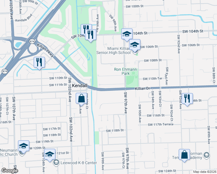 map of restaurants, bars, coffee shops, grocery stores, and more near 9817 Southwest 111th Terrace in Miami