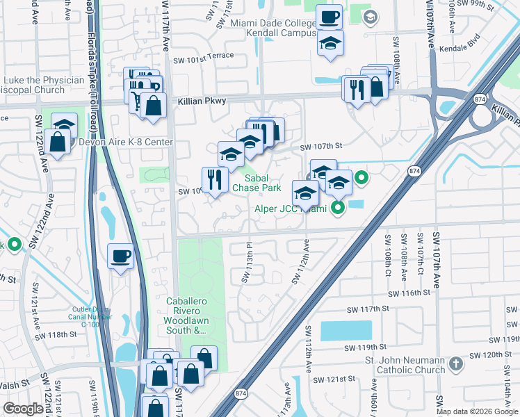 map of restaurants, bars, coffee shops, grocery stores, and more near 10981 Southwest 113th Place in Miami