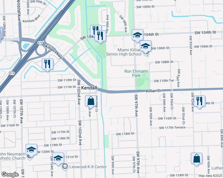 map of restaurants, bars, coffee shops, grocery stores, and more near 9881 Southwest 111th Terrace in Miami
