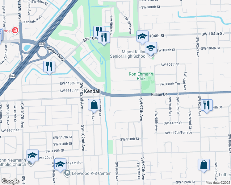 map of restaurants, bars, coffee shops, grocery stores, and more near 9881 Southwest 111th Terrace in Miami