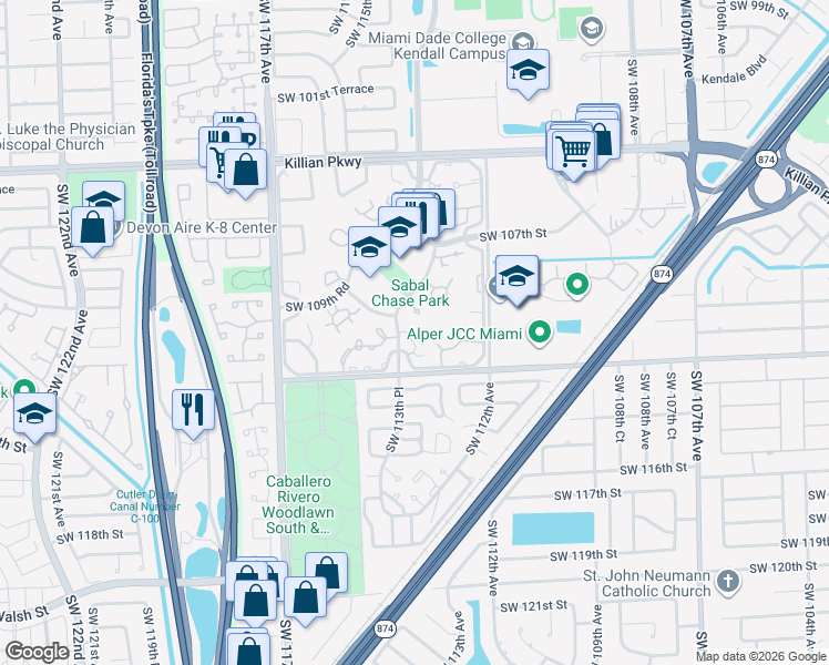 map of restaurants, bars, coffee shops, grocery stores, and more near 10981 Southwest 113th Place in Miami