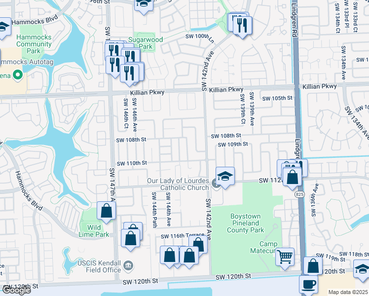 map of restaurants, bars, coffee shops, grocery stores, and more near 10812 Southwest 142nd Court in Miami