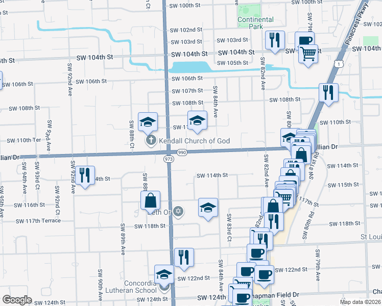 map of restaurants, bars, coffee shops, grocery stores, and more near 8485 Southwest 112th Street in Kendall