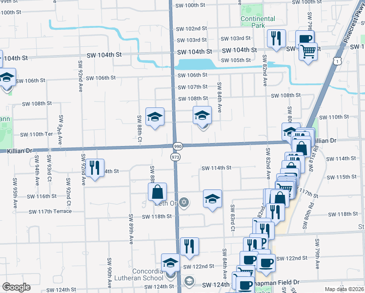map of restaurants, bars, coffee shops, grocery stores, and more near 8571 Southwest 112th Street in Miami
