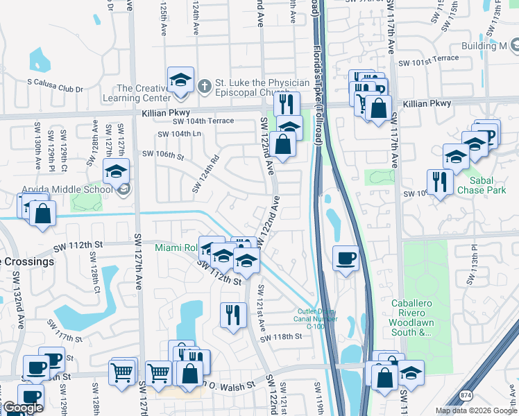 map of restaurants, bars, coffee shops, grocery stores, and more near 12219 Southwest 109th Lane in Miami