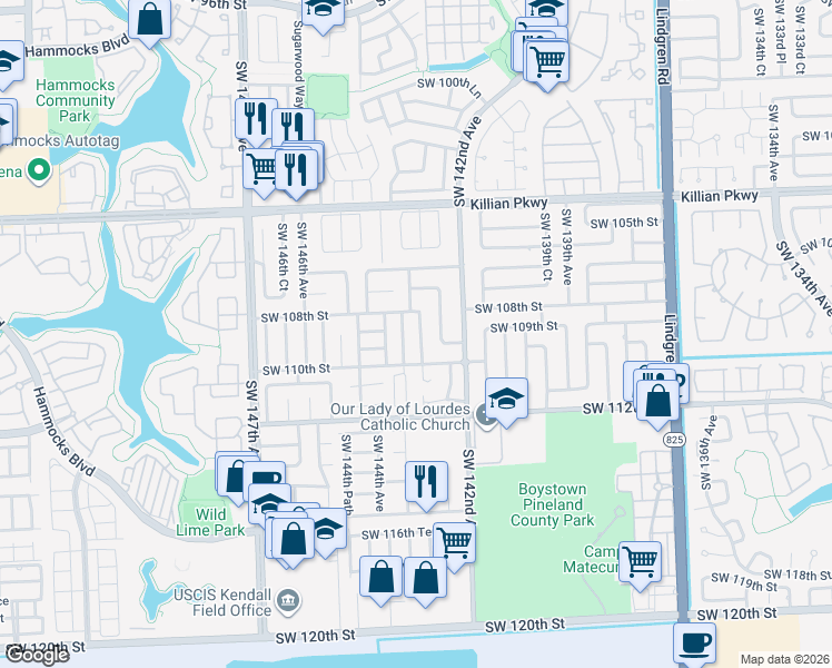 map of restaurants, bars, coffee shops, grocery stores, and more near 10812 Southwest 142nd Court in Miami