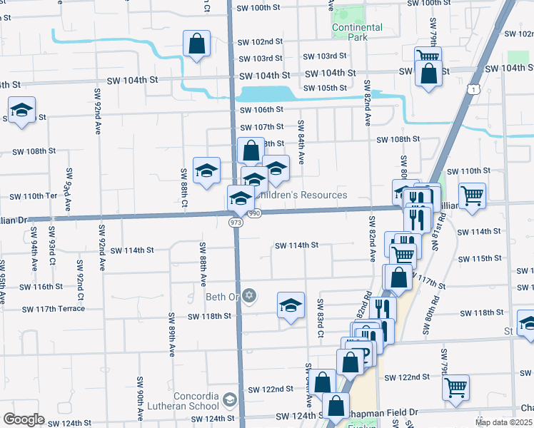 map of restaurants, bars, coffee shops, grocery stores, and more near 8485 Southwest 112th Street in Kendall