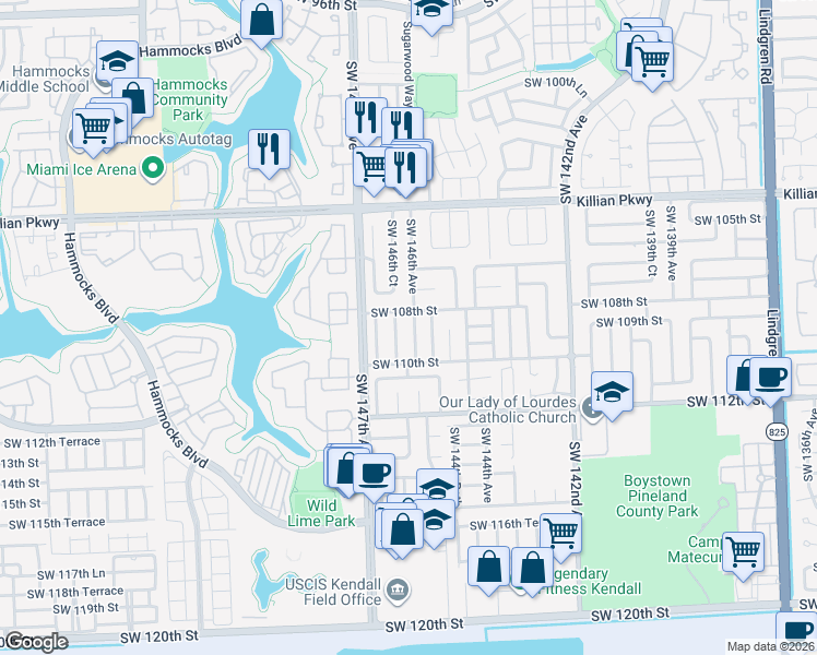 map of restaurants, bars, coffee shops, grocery stores, and more near 10800 Southwest 145th Place in Miami