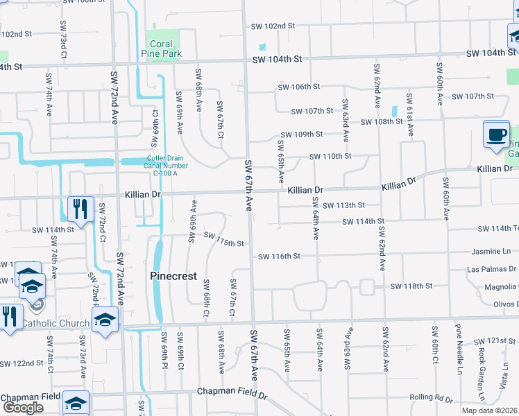 map of restaurants, bars, coffee shops, grocery stores, and more near 11250 Southwest 65th Avenue in Miami