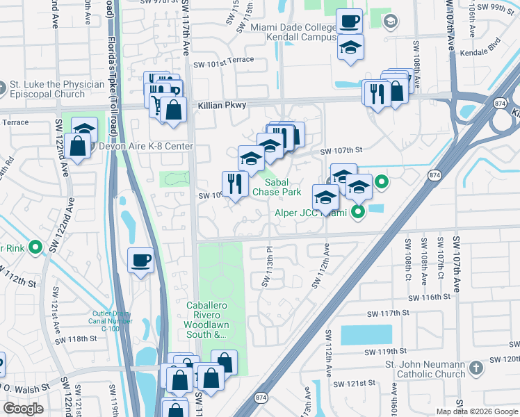map of restaurants, bars, coffee shops, grocery stores, and more near 10981 Southwest 113th Place in Miami