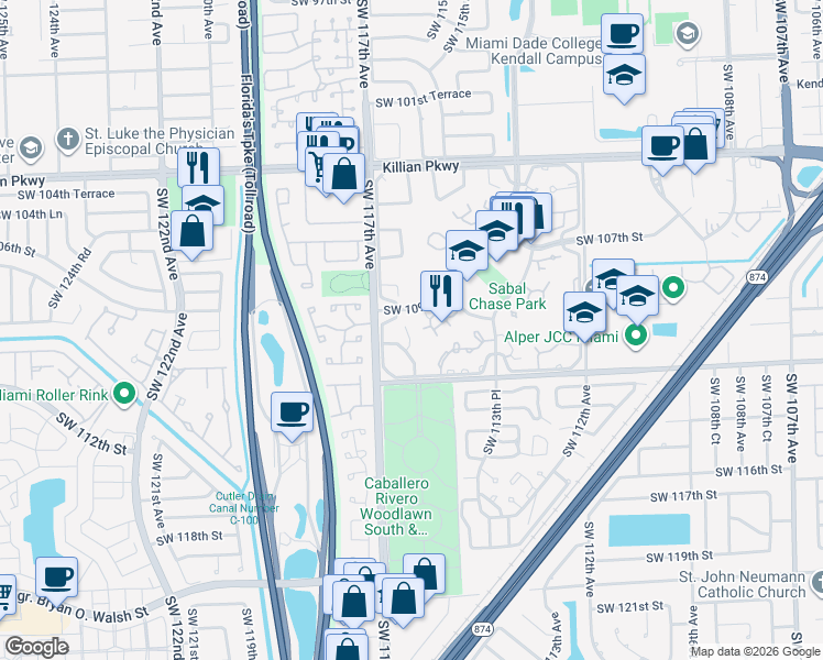 map of restaurants, bars, coffee shops, grocery stores, and more near 11522 Southwest 109th Road in Miami