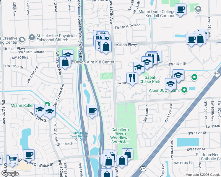 map of restaurants, bars, coffee shops, grocery stores, and more near 11758 Southwest 108th Lane in Miami