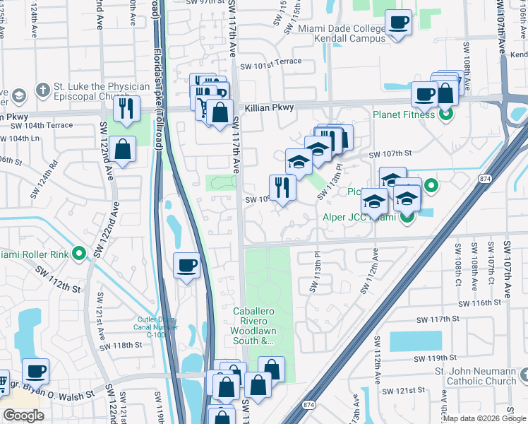 map of restaurants, bars, coffee shops, grocery stores, and more near 11522 Southwest 109th Road in Miami