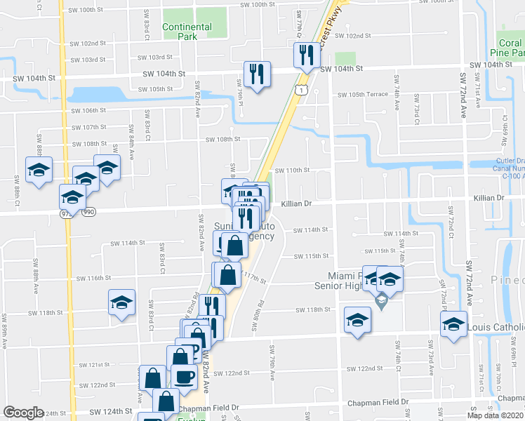 map of restaurants, bars, coffee shops, grocery stores, and more near 11205 South Dixie Highway in Pinecrest