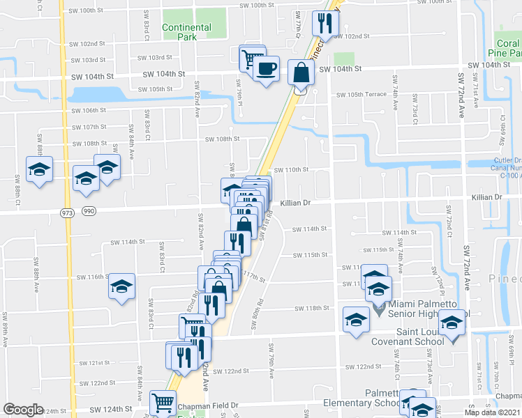 map of restaurants, bars, coffee shops, grocery stores, and more near 11205 South Dixie Highway in Pinecrest