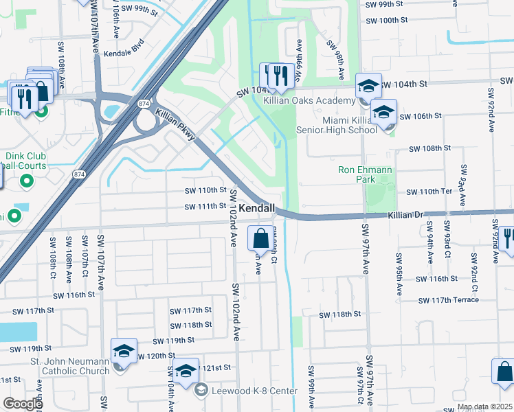 map of restaurants, bars, coffee shops, grocery stores, and more near 10025 Southwest 111th Street in Miami