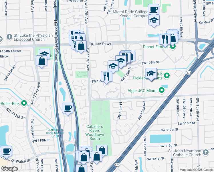 map of restaurants, bars, coffee shops, grocery stores, and more near 11514 Southwest 109th Road in Miami