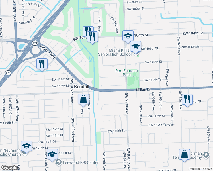 map of restaurants, bars, coffee shops, grocery stores, and more near 9817 Southwest 111th Terrace in Miami