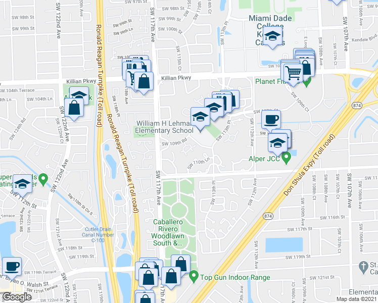 map of restaurants, bars, coffee shops, grocery stores, and more near 11458 Southwest 109th Road in Miami