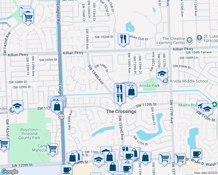 map of restaurants, bars, coffee shops, grocery stores, and more near 10832 Southwest 132nd Circle Court in Miami