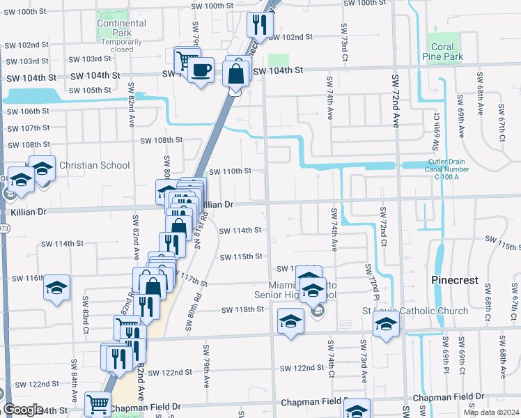 map of restaurants, bars, coffee shops, grocery stores, and more near 7700 Southwest 112th Street in Miami
